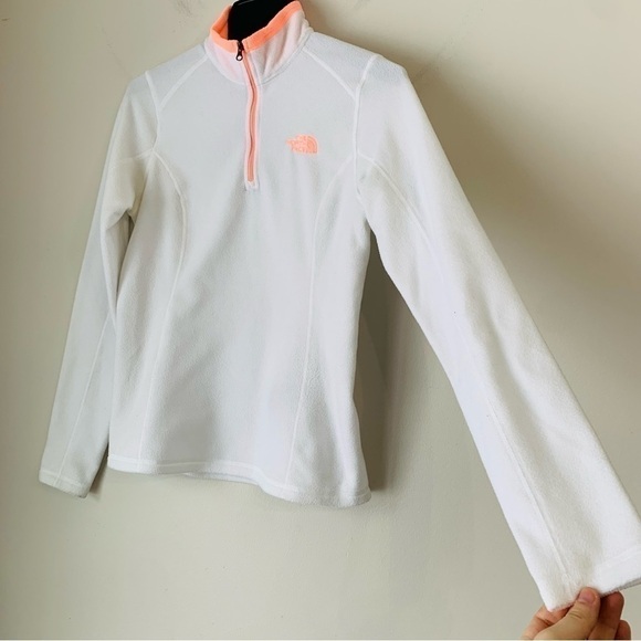 THE North Face woman’s quarter Zip up Fleece Sweater White highlighter Orange XS - Picture 4 of 14